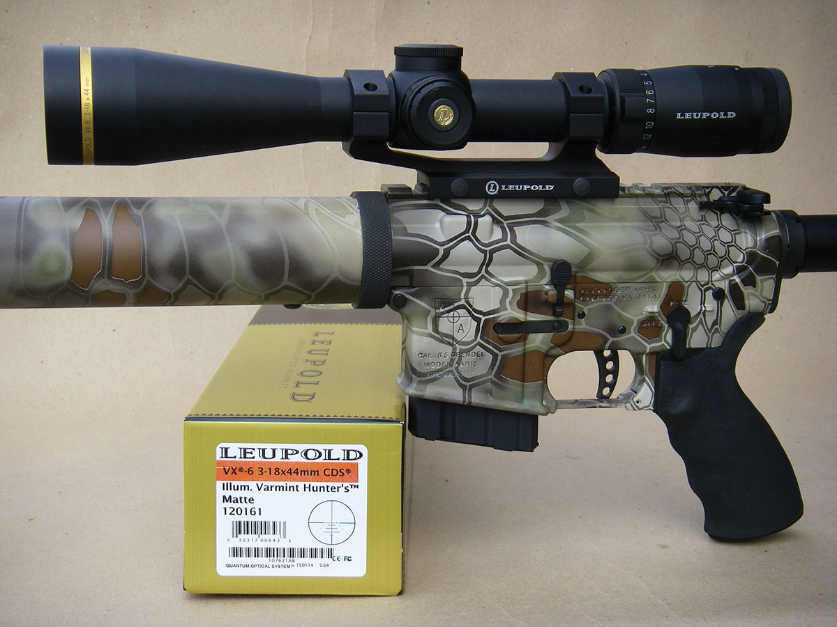 A Leupold VX-6 3-18x 44mm CDS scope was on the Alexander Arms 6.5 Grendel while testing factory loads and during handloading development.
